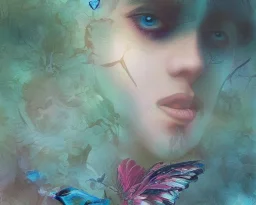 Beautiful mystical butterfly portrait, dark fantasy, romanticism, acrylic paint, chinese painting, magazine, highly detailed, ethereal, otherworldly, backlighting, rays of shimmering light, persian empire, artstation, silver, purple, black, teal, aqua, yellow, olive, vibrant, intricate,