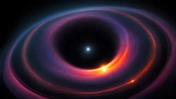 orbiting a black hole from a trillion miles away, peaceful, colorful, dark, ominous, beautiful abyss, vivid, dozens of rings and a large star getting sucked in