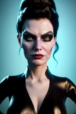 Lene Nystrøm as evil queen in black leather, busty, cleavage, voluptuous, Aqua Lene, angry, stern look. character design by cory loftis, fenghua zhong, ryohei hase, ismail inceoglu and ruan jia. unreal engine 5, artistic lighting, highly detailed, photorealistic, fantasy