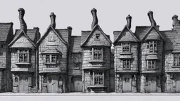 A highly detailed front elevation line drawing of a row of crooked fantasy houses, with twisted tall chimneys, rooms and floors added to sides and roofs, like Harry Potter's Diagon Alley.