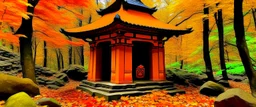 An orange colored ninja temple in an autumn forest designed in cave paintings painted by Frank Lloyd Wright