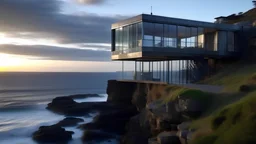A modern glass and steel home perched on top of a rocky cliff overlooking the ocean at dusk