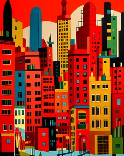 An orangish red metropolis with twisted buildings painted by Stuart Davis