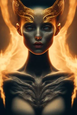 portrait photography of an ethereal beautiful animal goddess, Fire theme art, Dark moody night atmosphere, Portrait of a woman by Michelangelo, 8K, close-up face, anatomically perfect face, oak tree roots, ignore NSFW