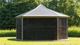 Small Pavilion made from hundreds of wine bottles, amazing detail, beautiful composition, award-winning photograph, astonishing realism, 28mm lens, adjust perspective, rule of thirds