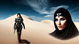 White desert sands with black tower painterly fantasy art matrix style cyborg portrait detailed symmetrical realistic eyes steampunk cyborg cyborg intricate detailed to scale hyperrealistic dark lighting digital concept art