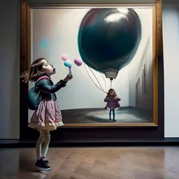 A picture shown in the exhibition in the museum of a girl blowing up a balloon tied to her hand with a string, the balloon comes out of the picture and flies in the museum space