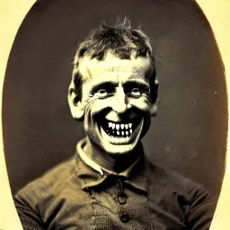 a portrait of a mentally ill man with a few teeth, smiling