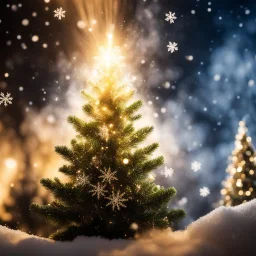 Extreme Macro Photography, HD, Photo Realistic. Centered. Linear perspective,merry christmas, christmas tree, smoke trailing out chimney, white snowflakes falling . Backlit by very soft golden glow lighting