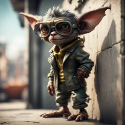 cool gremlin leaning against a wall, wearing flip down shaded glasses, in the style of a fallout 4,bokeh like f/0.8, tilt-shift lens 8k, high detail, smooth render, down-light, unreal engine, prize winning