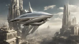 a photorealistic sleek silver spaceship flying over a futuristic ruined city