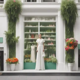 A fashion store in delicate white with green decorations, a large window pane with dresses in all bright colors. In front of the store on each side there is a large plant with bright, colorful flowers!No People