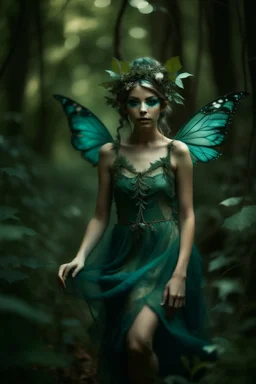 Forest fairy with iridesand teal wings and a cute short leaf dress and pointed ears and multiple vine earings and ear cuffs flying through a mythical forest