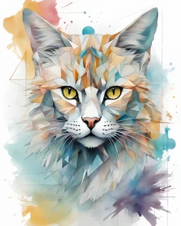 action illustration of 3 cats colorful, geometric forms, triangles, intricate, elegant,style of Carne Griffiths artllustration, croma conc Semi realistic,