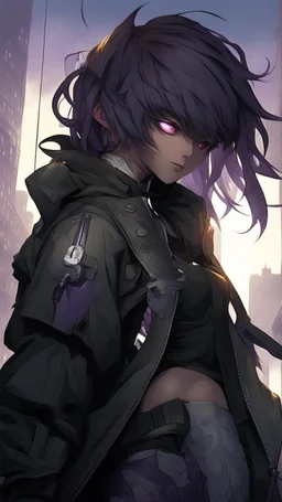 beyaz kısa saçlı mor gözlü insan olmayan bir karakter farklı kıyafet daha farklı elinde silah tutuyor