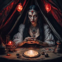 Hyper Realistic photographic-view of Wicked-&-Beautiful-Fortune-teller-with-glowing-red-eyes wearing black-beed-necklace-&-bracelet angrily Looking at her crystal-ball glowing magically & sitting in her tent at dark-night decorated with fancy-traditional-feathers-&-tarot-cards showing dramatic & cinematic ambiance"