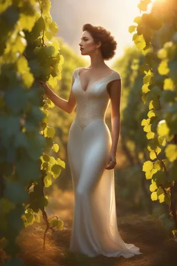 Curve 35 Years Old Woman Picking Grapes In Vineyard,Sun Light, Shiny Simple White Costumei, Perfect Legs, Tom Bagshaw, Frank Frazetta,Detailed Face Hyperdetailed By Alphonse Mucha, Baroque, Romanticism, Depth Of Field, Digital Illustration, Unreal Engine 5, Expansive, IMAX, Metal Reflections, White Sunlight, Bokeh