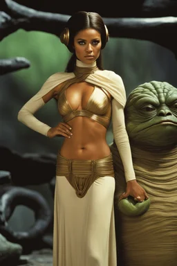 Shay in princess Leia's slave costume of the Return of the Jedi, close to Jabba the Hutt.