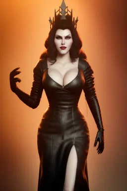 Amy Dumas as evil queen in black leather gown, evil, busty, cleavage, curvy, angry, stern look. character design by cory loftis, fenghua zhong, ryohei hase, ismail inceoglu and ruan jia. unreal engine 5, artistic lighting, highly detailed, photorealistic, fantasy