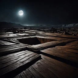 Photorealistic polfh nothingness and distress, wooden void, wasteland, night Max Ernst, volumetric light, shot on Hasselblad, movie shot, details of the terrain accentuated, nightmare, hypermaximalist