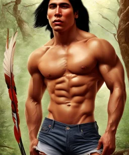 native american warrior, long black hair, big muscles, looking up, screaming, shirtless