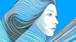 A surreal illustration of a woman with hair made of lines, in blue and white colors, in the style of Kazumasa Nagai.