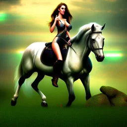 fullbody portrait of beautiful busty with big green eyes woman riding a horse by Rafael 8k