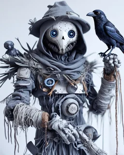 terrifingly cute cyberpunk scarecrow holding a crow, in the style of Android Jones, photography, head to toe, full body shot, white, navy blue grey, very detailed, very clear photo, 3D,