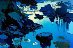 blue exoplanetin the sky, water reflection, rocks, vegetation, otto pippel and konstantin korovin painting