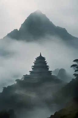 A mist-covered mountain with an ancient temple perched atop it. The camera slowly zooms in on the temple as ominous music plays in the background, setting the stage for the prophecy