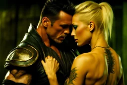 Jason David Frank as very muscular man with short hair and tribal tattoos piercings embracing pretty blond girl realistic dark fantasy