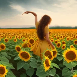 woman standing in sunflower field, back view, wind, long brown hair, yellow dress