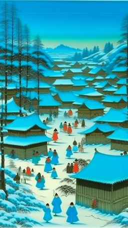 A cyan village in winter season painted by Utagawa Hiroshige