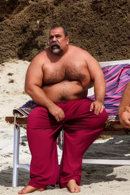 full figure shot photography of a serious ugly burly chubby strong turkish 51 years old with traditional pants, sells colored pareos on a crowded beach, mustache, sitting on a beach chair, sunligh, photorealistic, 35mm lens, side light, ambient occlusion