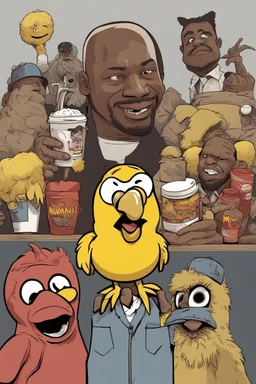 The Walking Dead x Tyler the Creator x The Character Happy is the current mascot for McDonald's Happy Meals and PlayPlaces. x Big Bird from Elmore Street x Fat black and white cat x Charlie from it’s always sunny in Philadelphia x Comic Book Art.