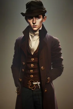 photorealistic oil painting of oliver twist, 1800s clothes, atmospheric lighting from street lamp, foggy morning