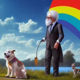 old man with glasses, with dog, walking on the rainbow bridge