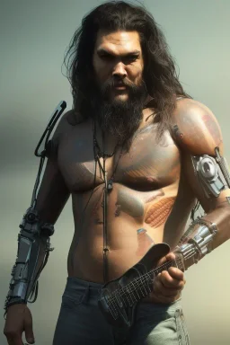 Jason Momoa like a cyborg,playing guitar,detail,textures