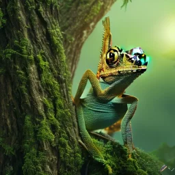 cute baby chameleon in a glowing enchanted forrest, view from the distance, cinematic, HDR, 8K, extremly detailed