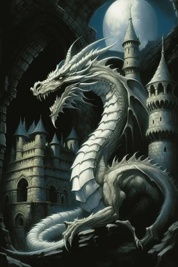 70s dark fantasy art, illustration of a white dragon in a castle