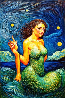 "Shrieking Siren" has a post-impressionist backdrop similar to A Starry Night with a central figure of a shrieking siren blended created with a blend of the styles of Gustav Klimt and Edvard Munch