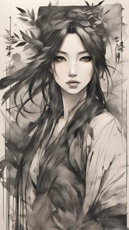 bits of color, furistic Sketch book, hand drawn, dark, gritty, realistic sketch, Rough sketch, mix of bold dark lines and loose lines, bold lines, on paper, hu tao, ghost girl, genshin impact, leaves, animals, runes, dark theme,