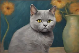 Portrait of a grey british shorthair cat by Van Gogh