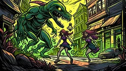 Creatures from 'Fiend without a face' chasing a woman down a street, detailed design, deep colour