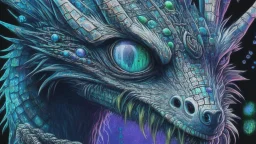 Demon-eyed Dragon with blue-gray-green iridescent scales Piercing thorough Indra's Net; Alex Pardee; surrealism, meticulous, mysterious, ominous, beautiful, award-winning, intricately detailed