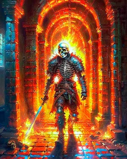 A frightening castle dungeon hallway with a skeleton warrior in rusty chainmail holding a burning torch painterly rpg art