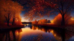 River, trees with golden and red leaves, autumn, a beautiful night sky, visible galaxies