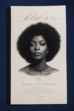 An extremely formal, funeral program written in French for a black woman (include a front photograph of a beautiful lightly tanned biracial black woman) on darkest blue deeply pigmented velvet paper with brilliant, brightest heavy bright shining platinum calligraphy fonts, simple, minimalistic, less element, very dramatic lighting