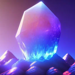 photograph of a (one massive colorful crystal:1.2) growing out of the rocky mountain, (focus on crystal:1.2), 4k, 8k, (highly detailed), ((landscape)),(translucent crystal:1.1), light going trough the crystal, bokeh, chromatic aberration, mountain view, blue and pink background