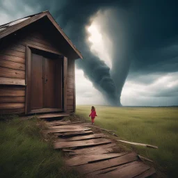 Pov: the open door to the sky a girl laugh and stretches out her hand, a tornado carries the wreckage of a scary cabin. the effects of dust and strong winds flow dramatically. scene funny.